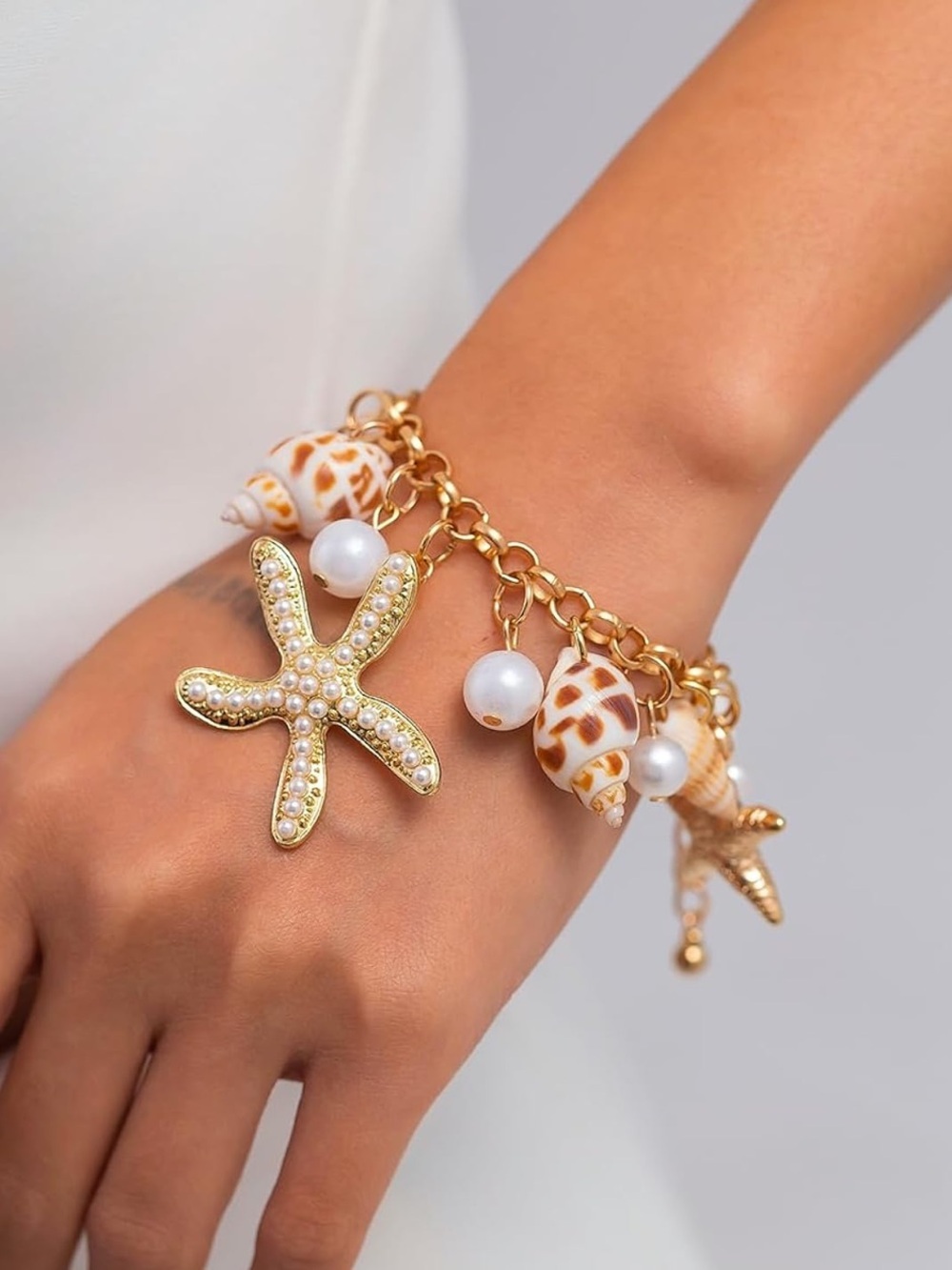 Anthropologie Gold-Tone Starfish & Shell Charm Bracelet with Pearls